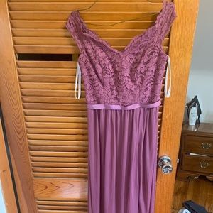 David’s bridal off the shoulder mulberry dress.